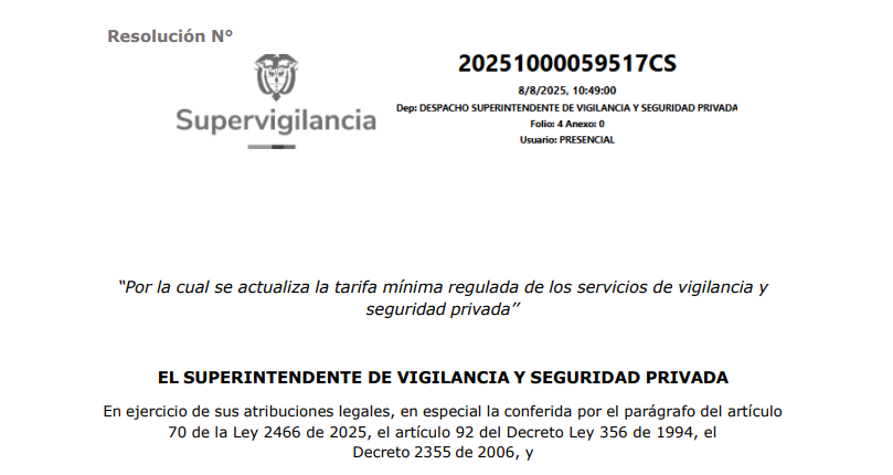 Nuevas tarifas mínimas para empresas de vigilancia en Colombia desde 2025